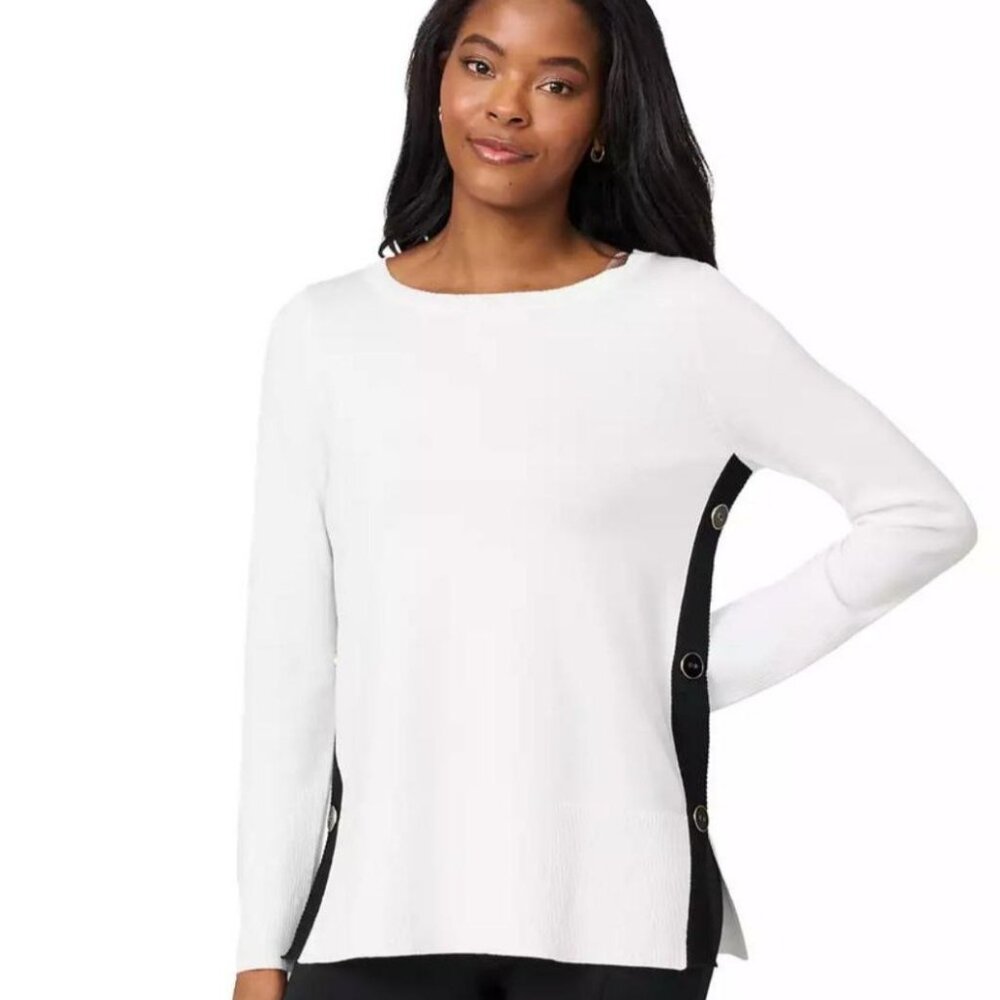 Melissa Paige Women's Contrast-Trim Side-Button Tunic Sweater White Size L
